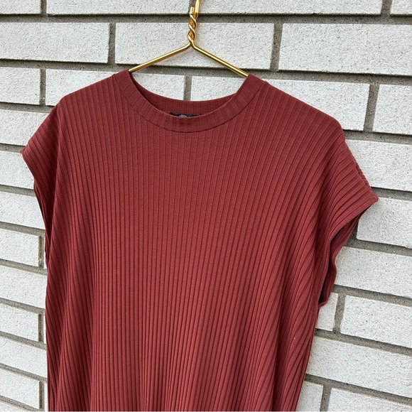 Eileen Fisher Textured Stretch Rib Round Neck Dress Boxy Terracotta Knee Length - Picture 4 of 9